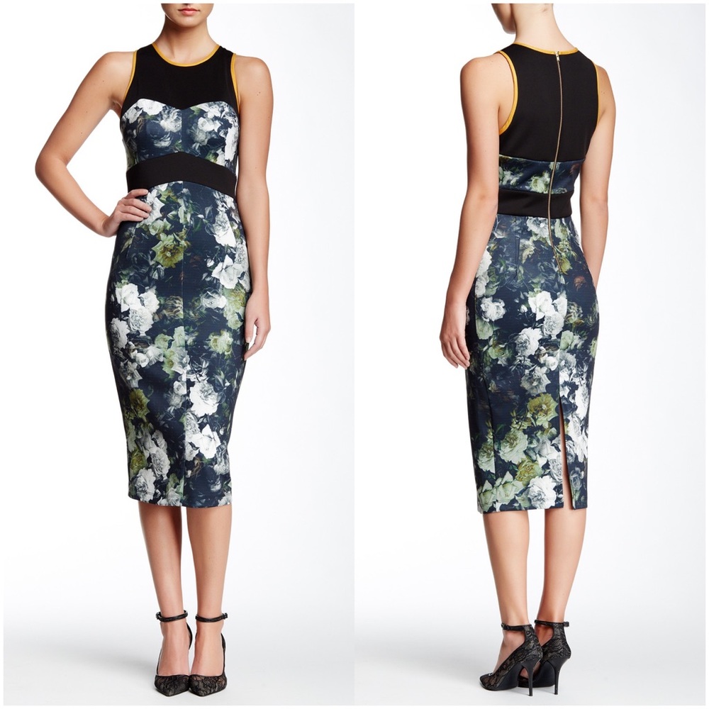 ABS Allen Schwartz Black Yellow Floral Body-con Formal Dress Size Large